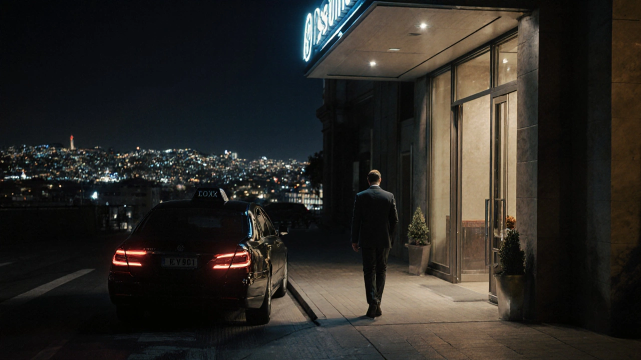 Levent&#039;te bir otel girişinde güvenli bir randevu için yürüyen bir kişi.