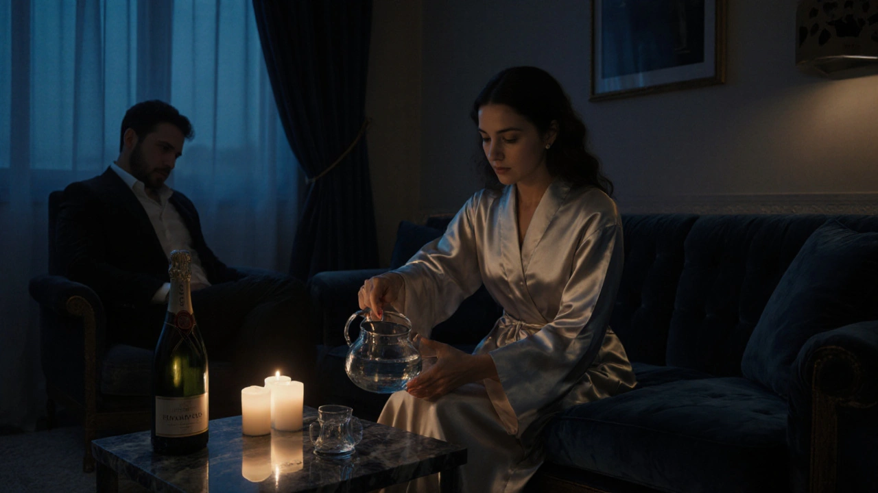 Lüks bir apartmanda hafif ışıkta, şampanya ve çayla geçilen sakin bir akşam.