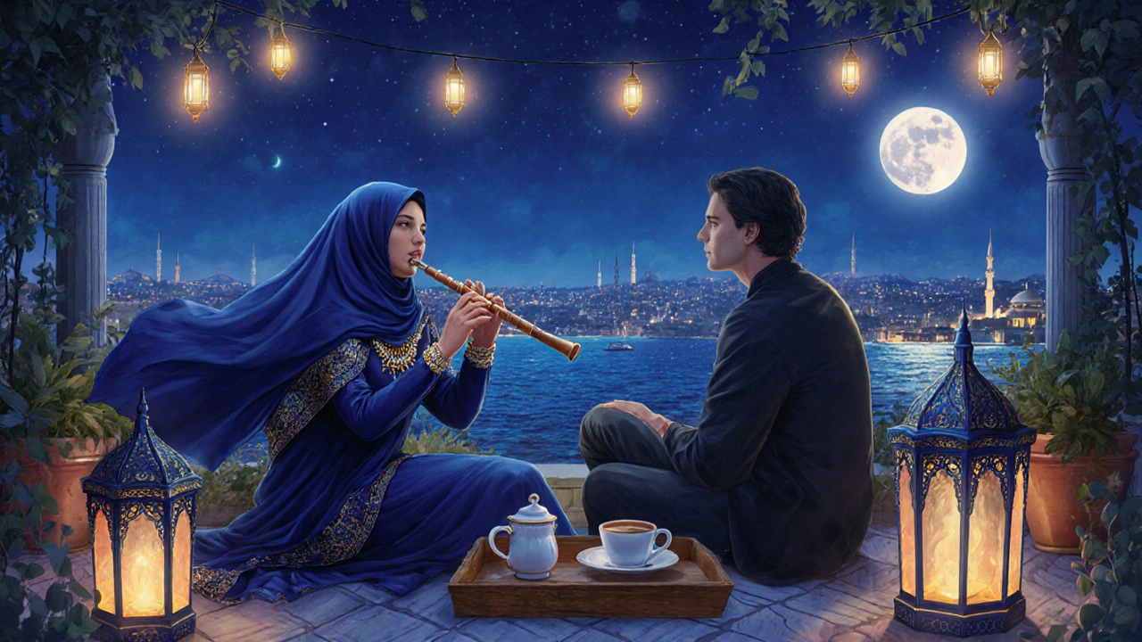 Orta Doğu geleneksel müzik eşliğinde, Bosphorus manzaralı bir çatı bahçesinde bir kadın ney çalıyor.