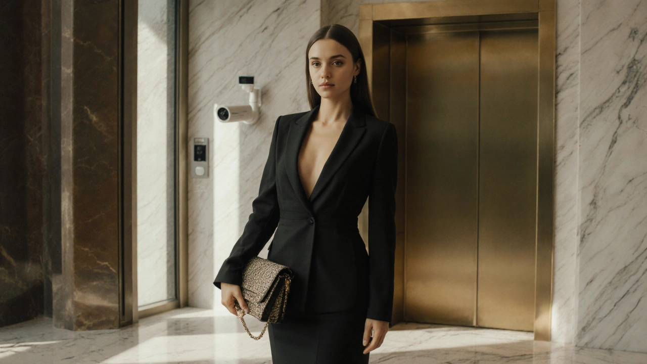Profesyonel bir kadın, Beşiktaş&#039;taki bir otel lobby&#039;sinde güvenli bir hizmet ortamında bekliyor.