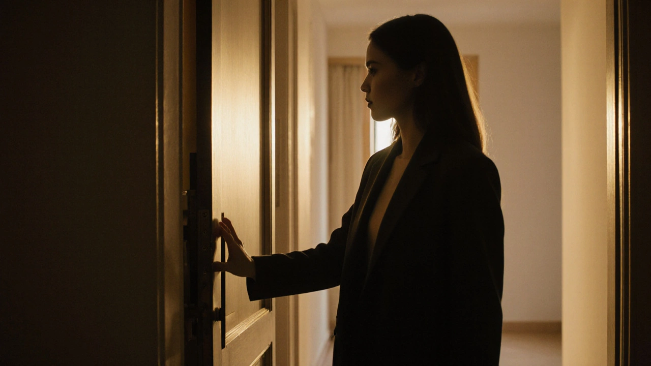 Profesyonel bir kadın, gizlilik ve güvenle dolu bir evin kapısında hafifçe tokuşuyor.