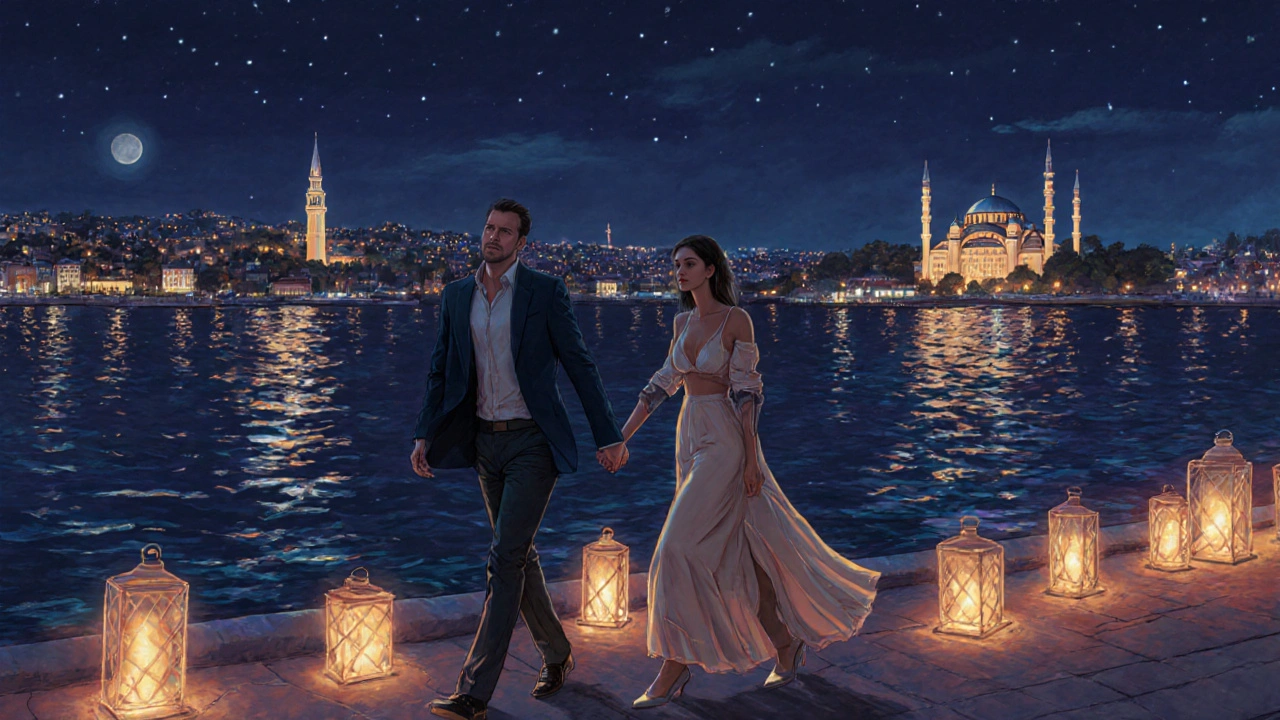 Rus escort ve müşteri, Bosphorus kıyısında gece yürüyüşü yapıyor.