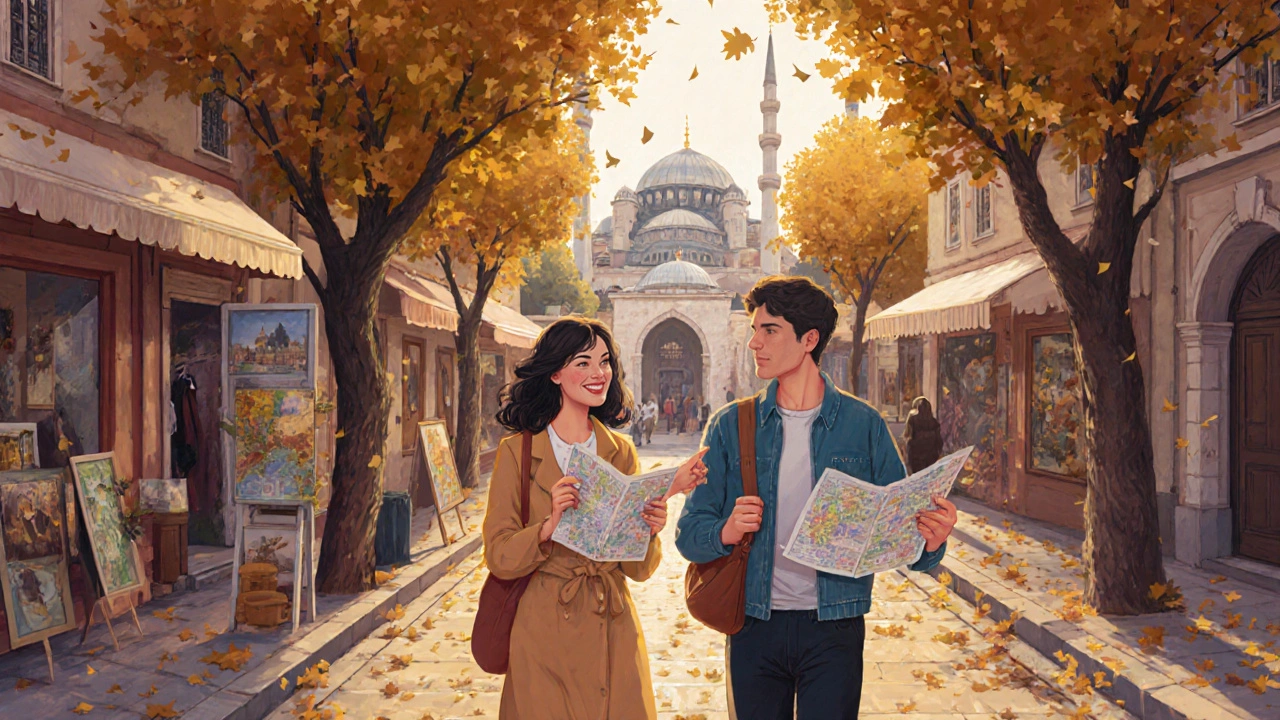 Rus kadın ve turist, Nişantaşı&#039;da sanat galerileri arasında yürüyor.