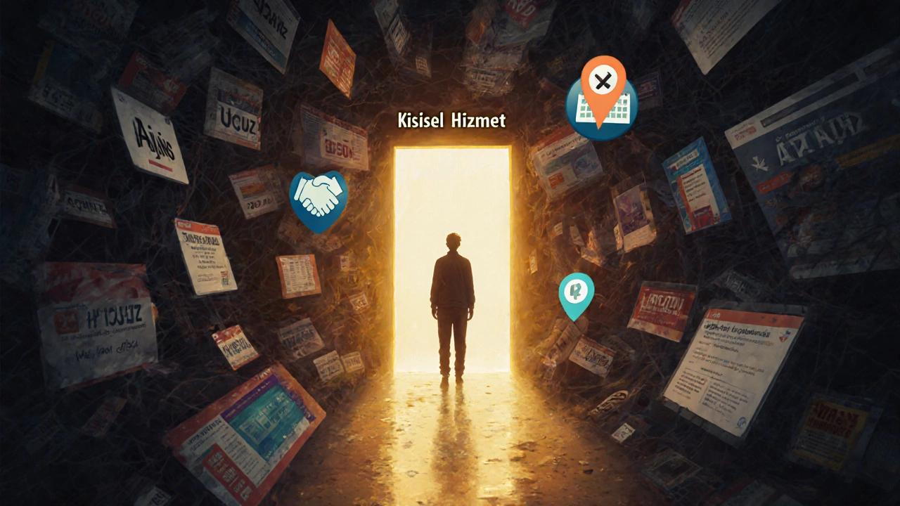 Sahte ilanlardan güvenli kişisel hizmete giden ışıklı bir yol, güven ve şeffaflık sembolleriyle.