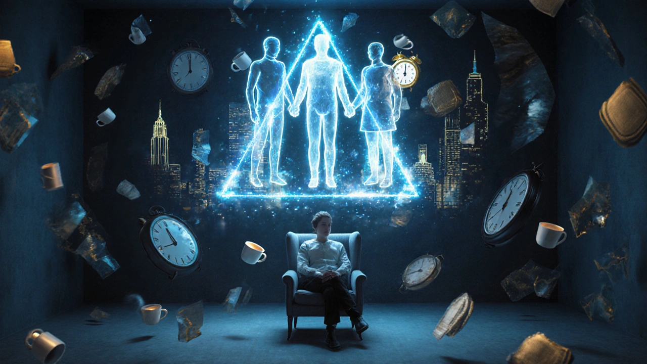 Sessiz bir sandalyenin üzerinde, konuşma, güven ve zamanın sembolik ışık üçgeniyle birleştiği kavramsal sahne.