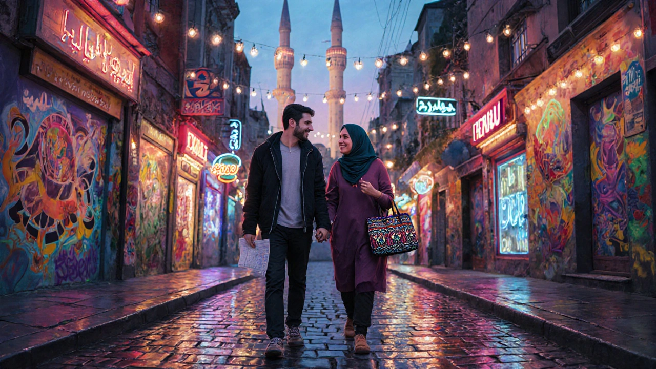 Suriyeli bir kadın, bir turistle Beyoğlu&#039;da gezerken, arka planda Galata Kulesi görülüyor.