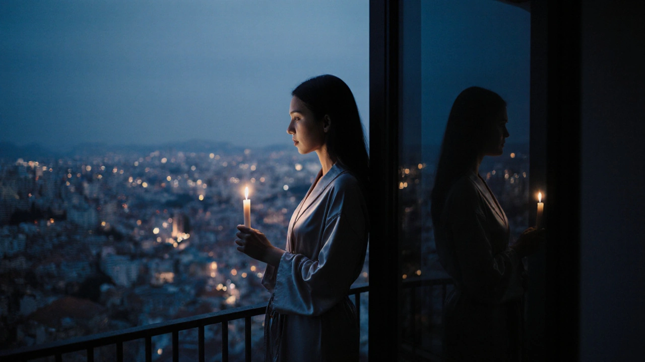 Tepecik&#039;in gece manzarasına bakan bir kadın, elindeki mumla yalnızlık ve içsel huzur hissi veriyor.