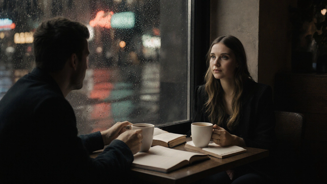 Tepecik&#039;te kahve içen iki kişi, yağmurlu pencerede yansıyan ışıklarla huzurlu bir an.