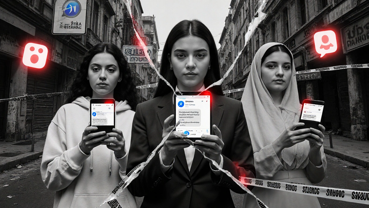 Üç farklı kadın, telefon ekranlarında Telegram mesajları ile, İstanbul&#039;un gizli hizmetlerini sembolize ediyor.