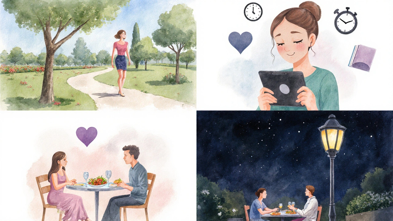 Umraniye&#039;de farklı escort hizmet türlerini gösteren dört yumuşak su bazlı sahne: yürüyüş, video sohbet, yemek ve konuşma.