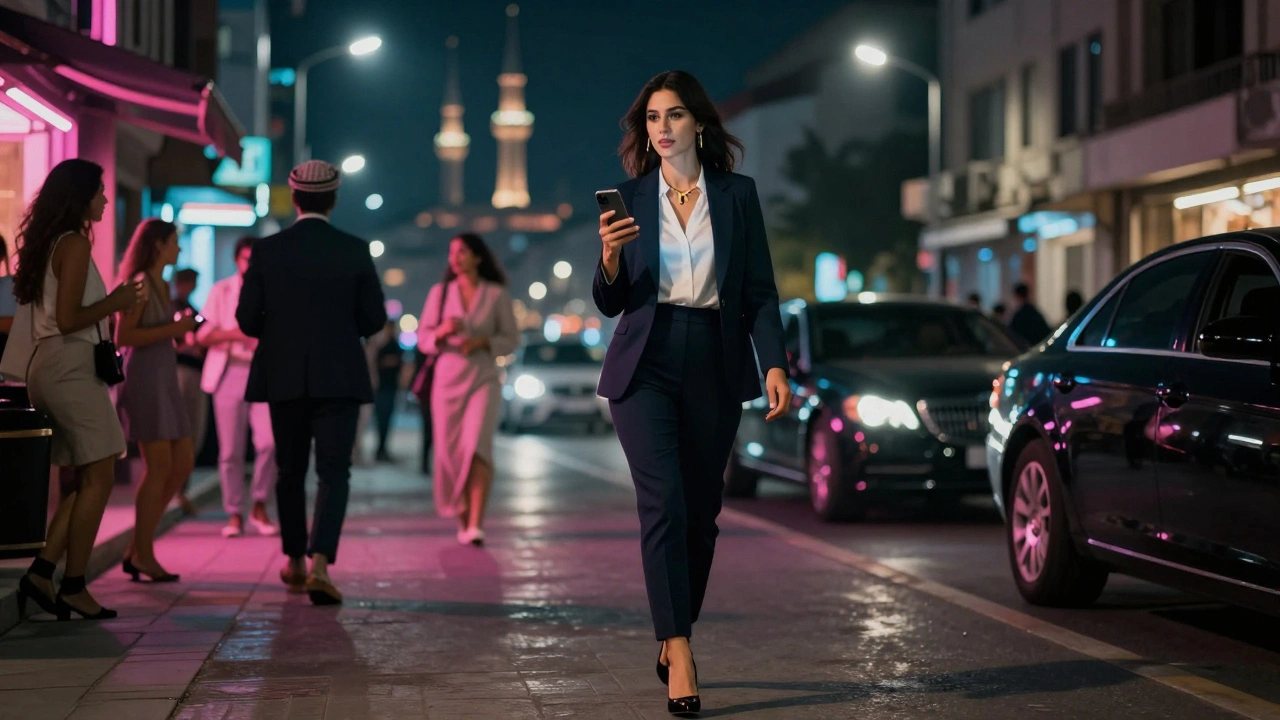 Bebek'te modern bir Arap escort, neon ışıklar ve şehir ışıkları arasında yürüyor.