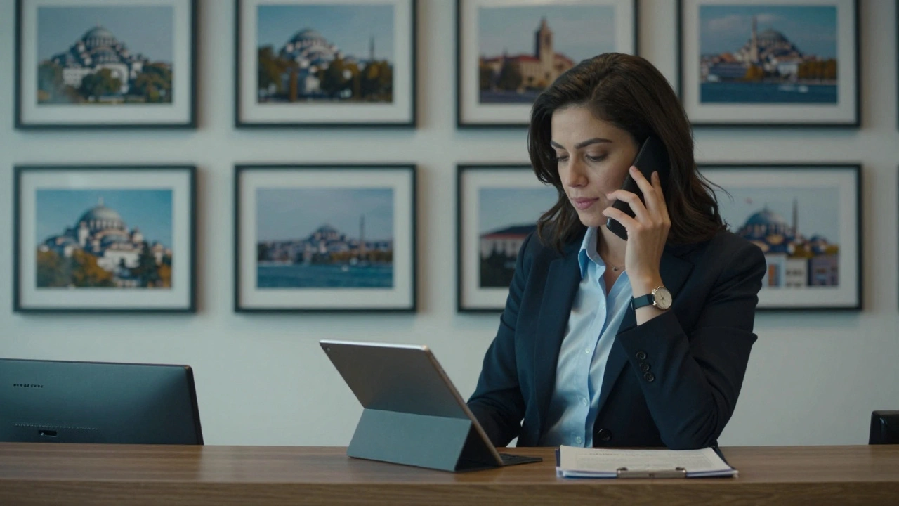 Bir ajans görevlisi, müşterinin profilini inceleyerek sakin bir şekilde telefonla konuşuyor.