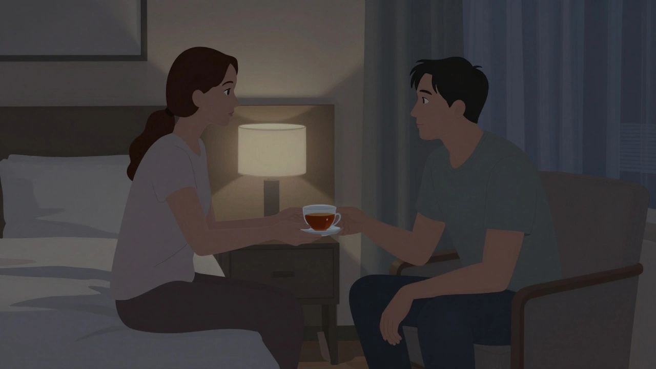 Bir kadın, bir erkeğe çay sunarken odada sakin bir duygusal bağ kuruyor.