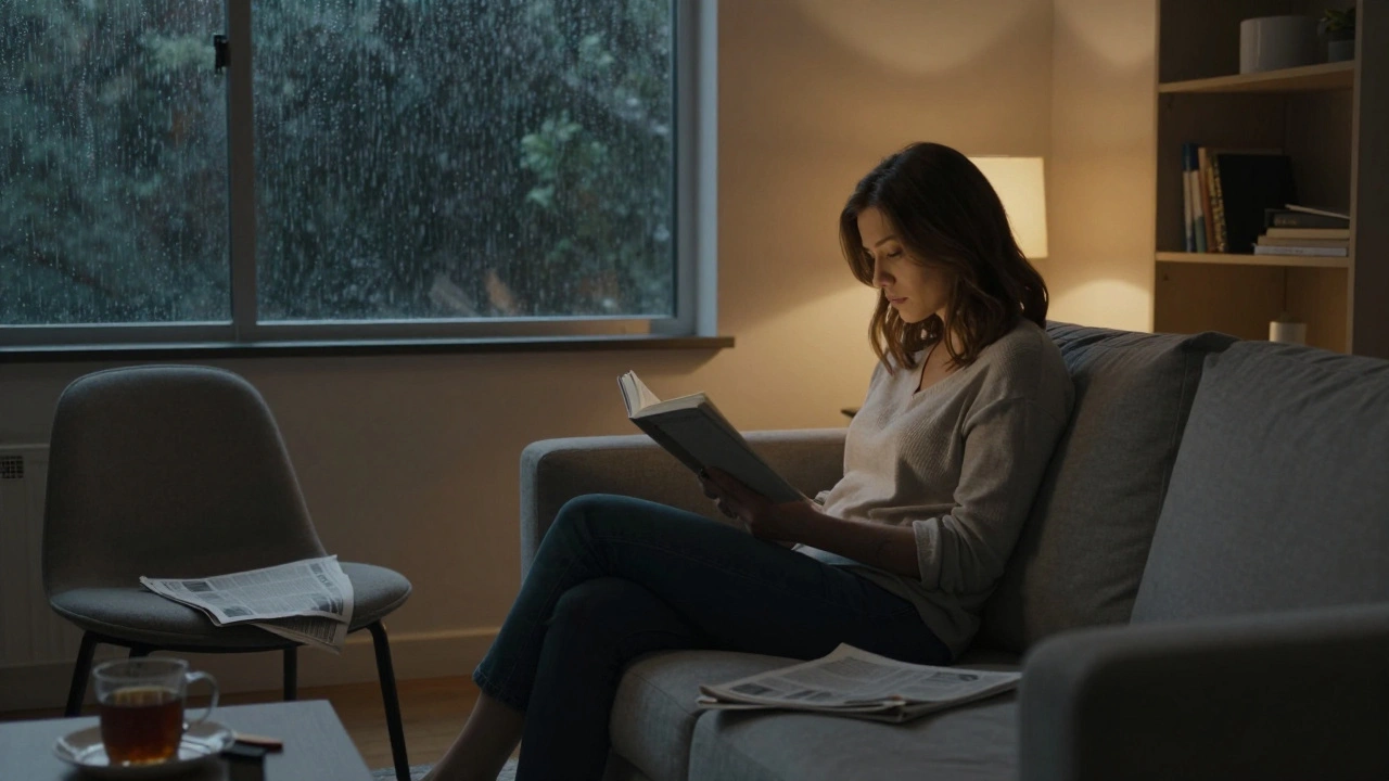 Bir kadın evde kitap okuyor, yanındaki boş koltuk hafif bir yalnızlık hissi veriyor.