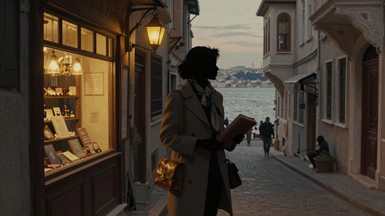 Bir kadın Karaköy'de kitapçıya doğru yürüyor, Bosphorus'un ışıltısı ve sokak lambaları arka planda.