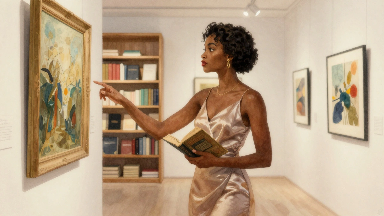 Bir kadın sanat galerisinde bir resme işaret ediyor, kitap elinde.