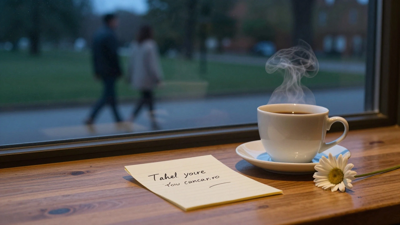 Bir kahve kupası ve bir çiçek yanına yazılmış not, parkta yürüyen iki figürün yansımasıyla.