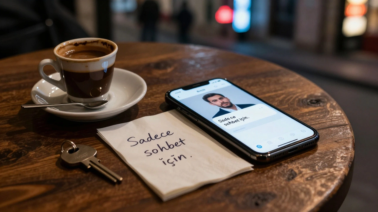 Bir kahve kupası yanında &#039;sadece sohbet için&#039; yazan bir mesajın olduğu el yazısı notu.