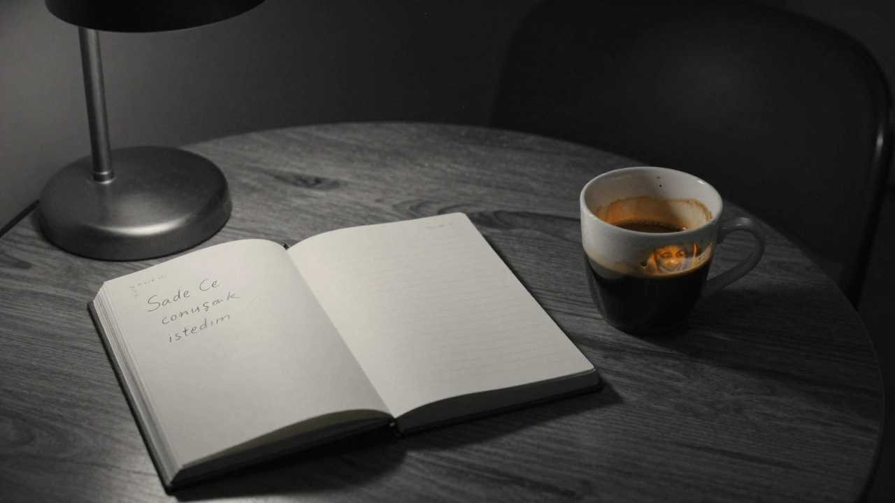 Bir kahve kupasının içinde yansıyan gülümseyen bir yüz, defter ve ışıkla oluşturulan sessiz bir insan bağının sembolü.