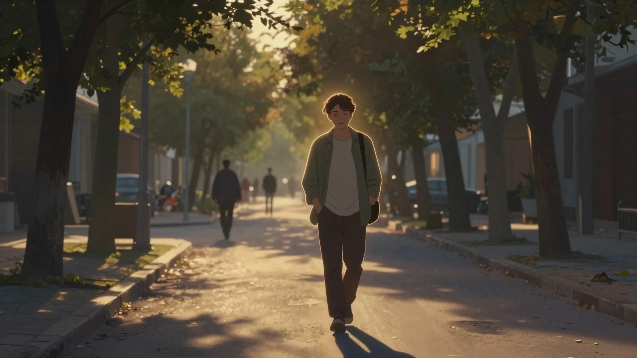 Bir kişi akşam saatlerinde Esenyurt&#039;ta sessizce yürüyor, içsel huzur ve rahatlama hissiyle.