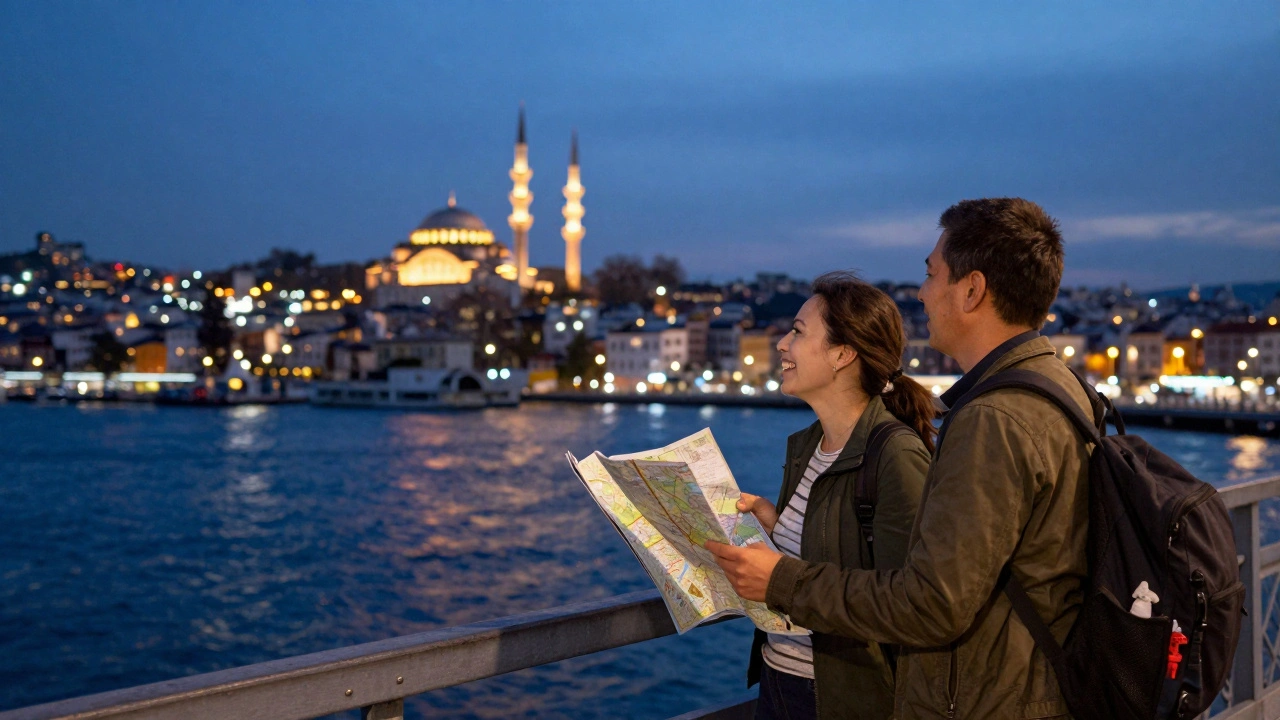 Bosfor Köprüsü'nde akşam vakti, yolcu ve eşlikçi harita tutuyor, şehrin ışıkları ve suyun parlaklığı arka planda.