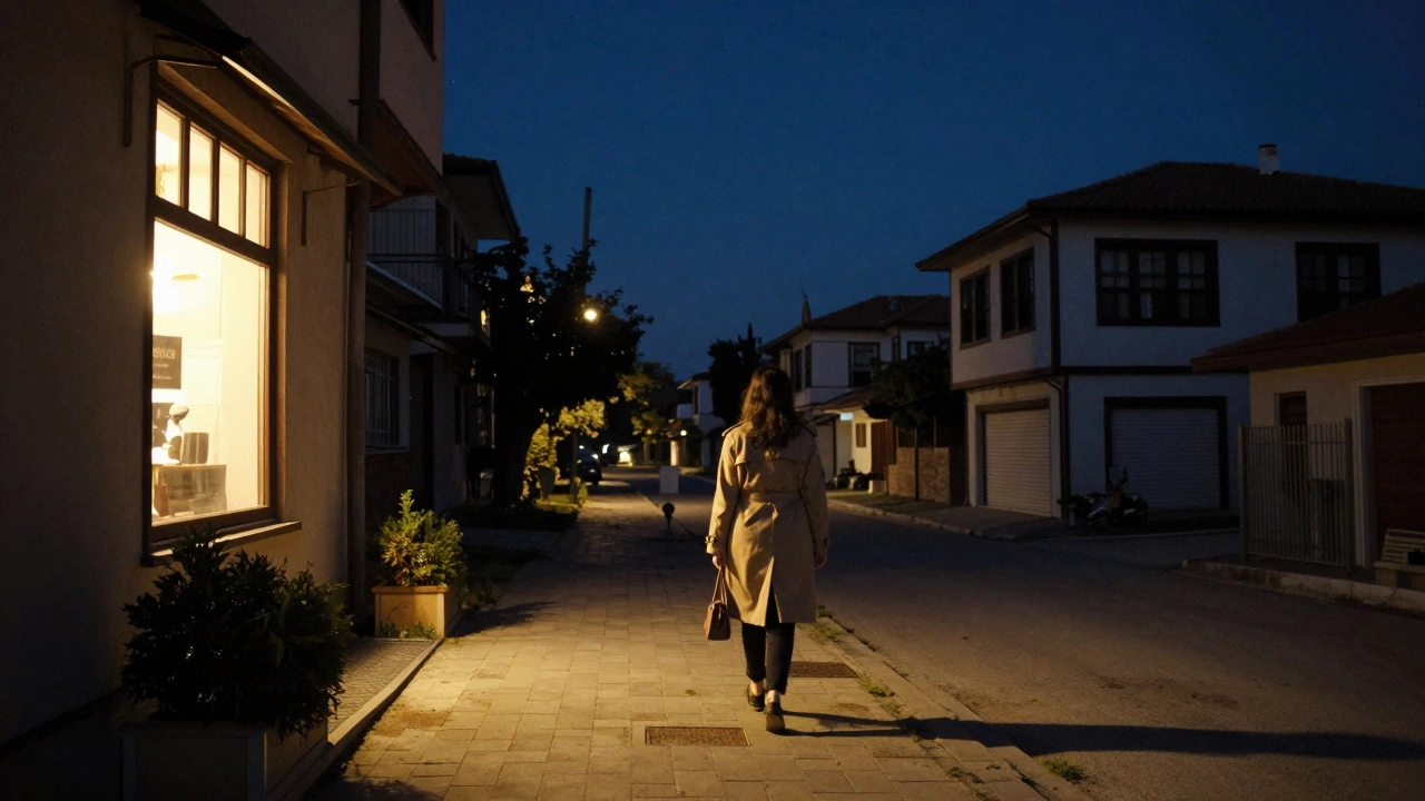 Çatalca'da akşam saatlerinde yalnız yürüyen bir kadın, sıcak ışıklarla aydınlatılmış sokakta.