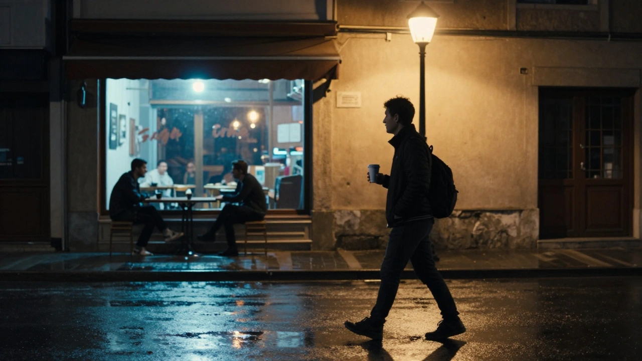 Catalca&#039;da bir sokakta, biri kahveyle yürüyor, arka planda bir kafe penceresinde iki siluet görülüyor.