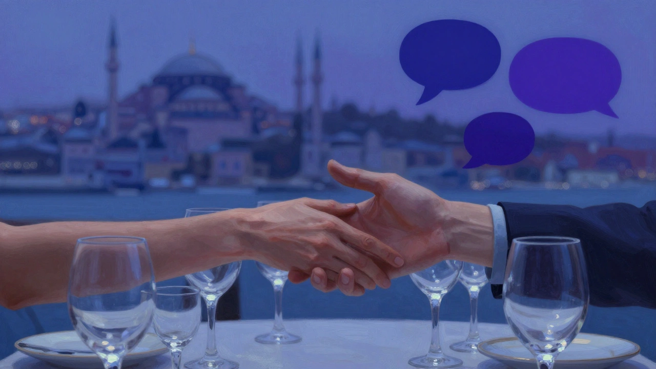 El elle tutuşan eller, boş şarap bardakları ve İstanbul manzarasının bulanık arka planı, duygusal bağın sembolü.