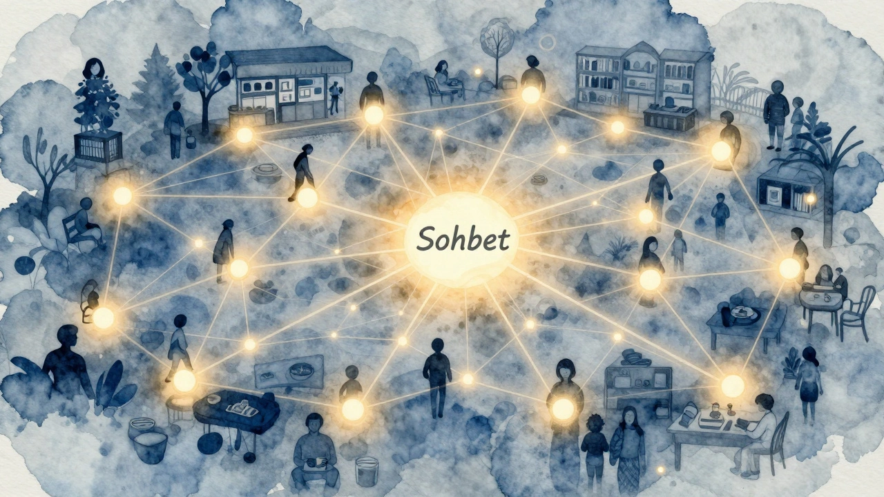 Esenyurt'taki sosyal bağlantıları temsil eden su boyası tarzı soyut bir ağ, kahve, park ve kitapçılarla bağlantılı.