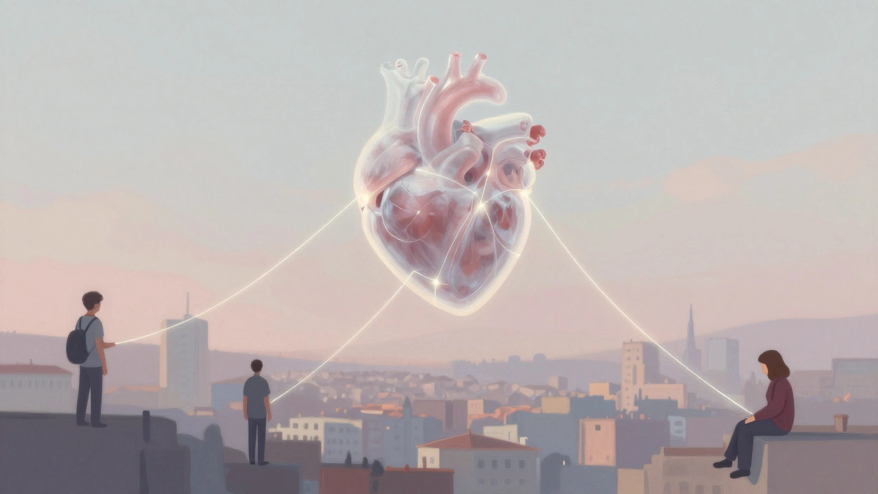 Esenyurt manzarasının üzerinde şeffaf bir kalp, empati ve duygusal bağları temsil eden ışık telleriyle bağlanıyor.