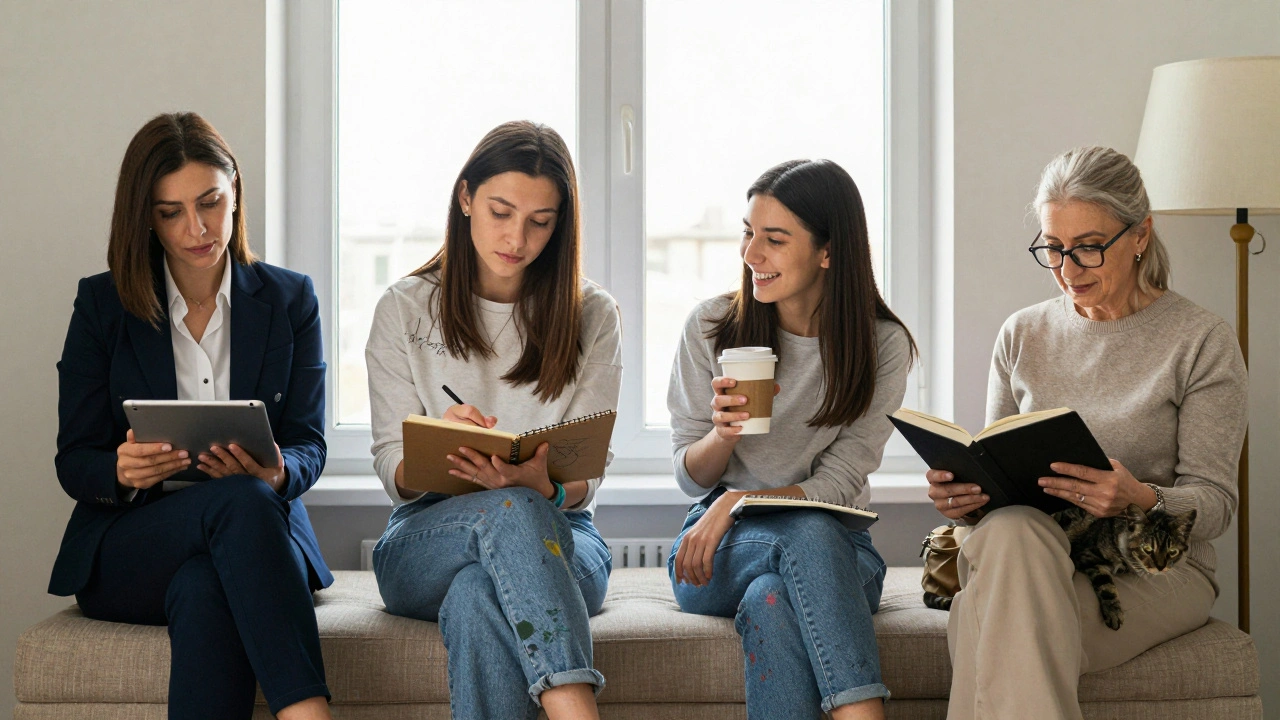 Farklı tiplerde dört kadın, Sultangazi'de bir oturum odasında.