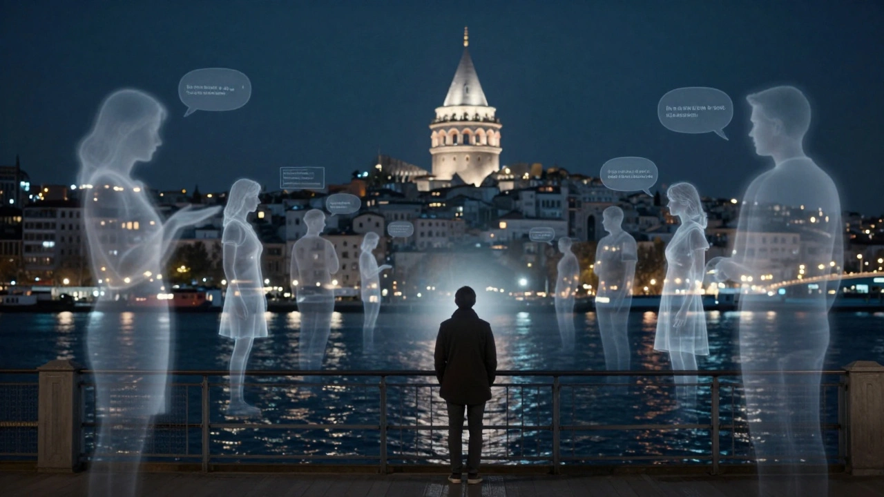 Galata Köprüsü&#039;nde bir kişi, yüzen anılar ve seslerle çevrili, Boğaz&#039;ın ışıkları yansııyor, Topkapı Sarayı uzakta.