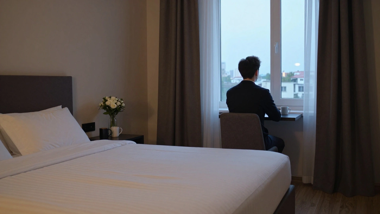 Gebze'de bir otel odasında sakin bir atmosfer, kahve ve çiçeklerle dolu.