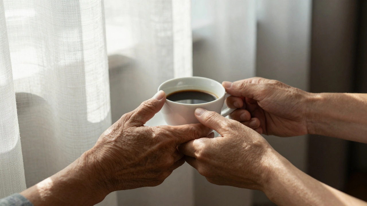 İki el, bir kahve fincanı üzerinde hafifçe birleşmiş, sıcak bir sabah ışığıyla aydınlatılmış.