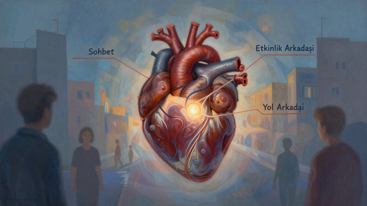 İnsan kalbi, sosyal bağlantıların dokusuyla oluşturulmuş soyut bir tasvir.