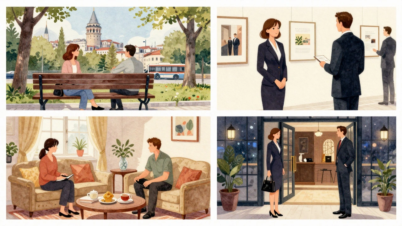 İstanbul'da dört farklı escort hizmeti senaryosu: park, galeri, ev ve otel.