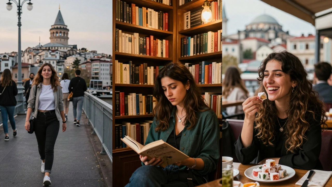 İstanbul&#039;da farklı profillerde kadınlar: biri köprüde yürüyor, biri kütüphanede okuyor, biri restoranda gülüşüyor.