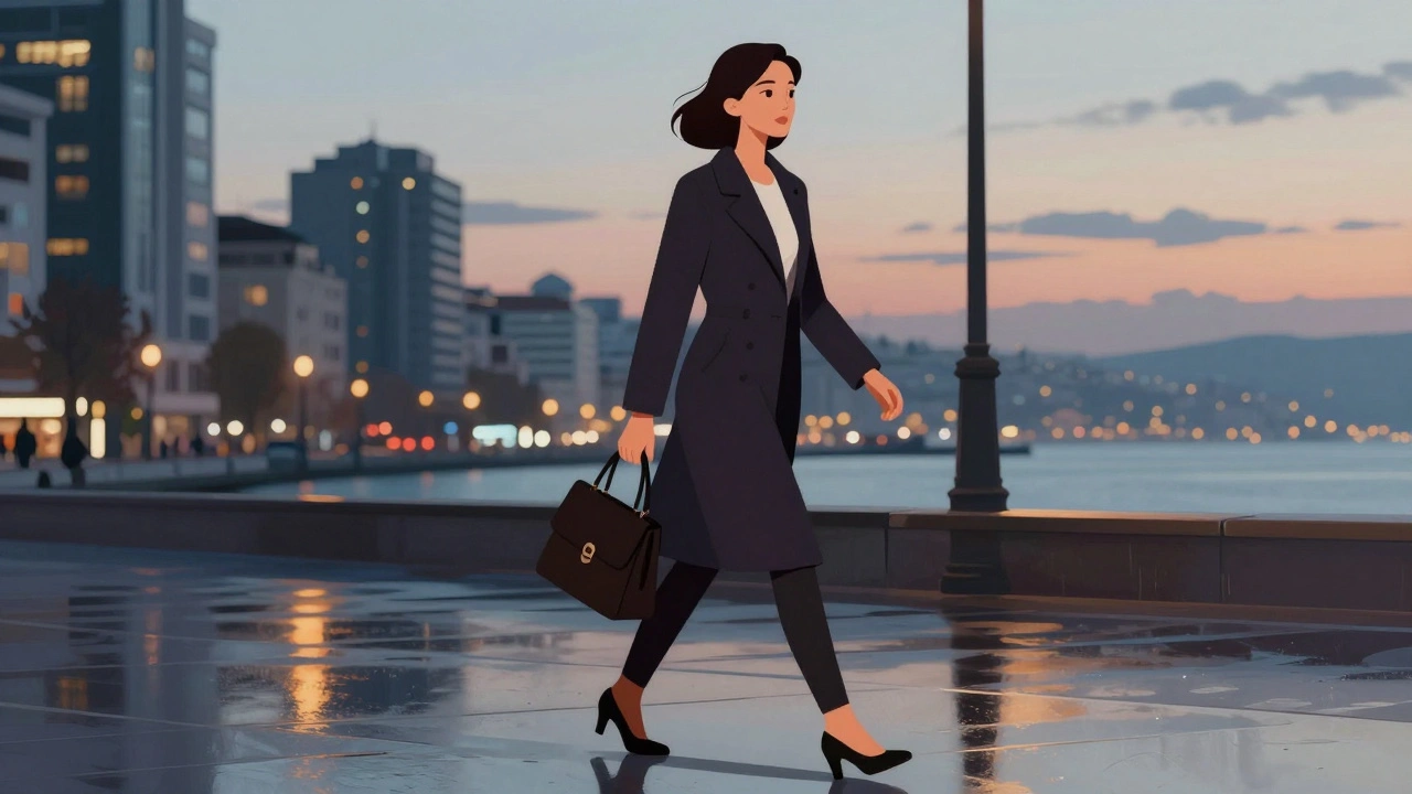 İstanbul&#039;un Beşiktaş semtinde kendine güvenen bir kadın, kentin ışıklarıyla yürüyor.