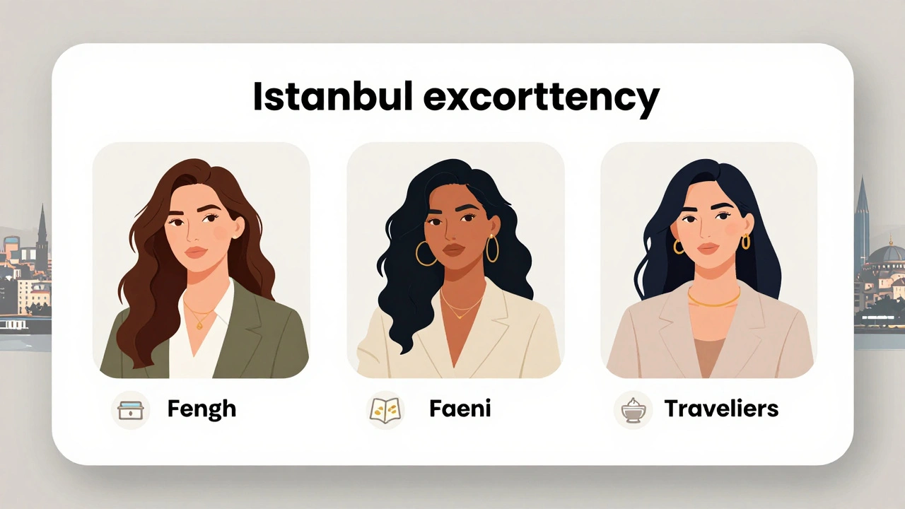 İstanbul'un premium eşlik ajansı profilleri, diller ve ilgi alanları ile birlikte, şehir manzarası arka planda.