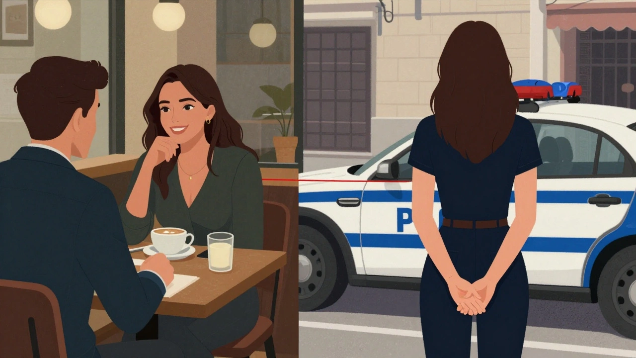 Kadın, bir kafede sohbet ederken ve polis aracının önünde duruyor.