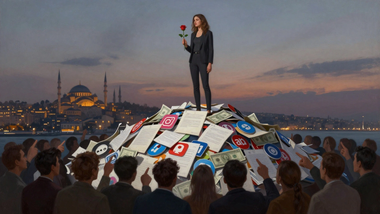 Kadın, sosyal medya ve yasal belgelerin üstünde bir gül tutuyor.