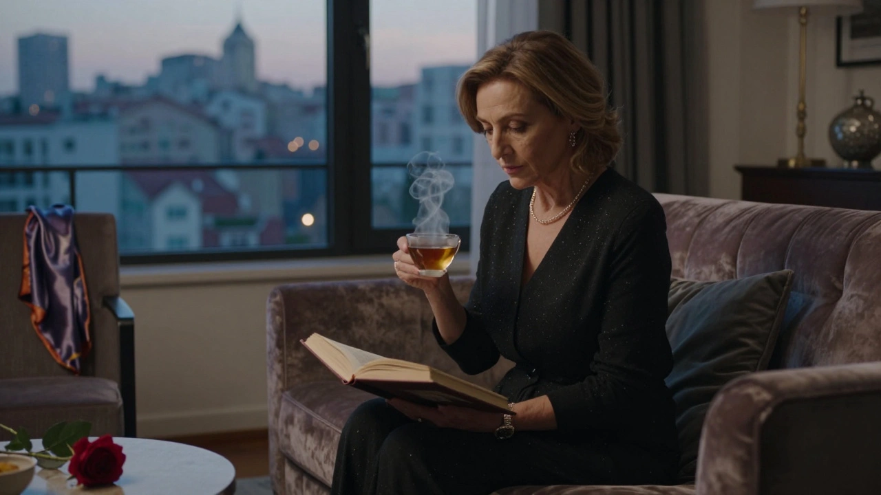 Nişantaşı&#039;da bir kadın kitap okurken, şehir manzarasına bakıyor, rahat bir atmosferde.