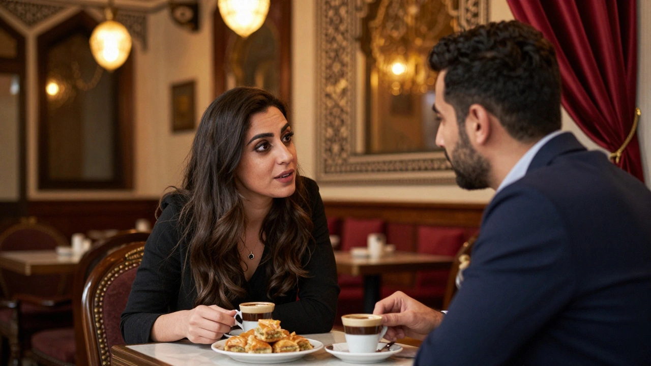 Nişantaşı'da bir kafede Arap escort ve bir müşteri arasında sıcak bir sohbet anı.