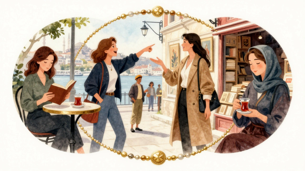 Ortaköy&#039;deki dört farklı escort tipi: sessiz kitap okuyan, gülüşen, şık ve yerel kadınlar, suyuk resim tarzında.