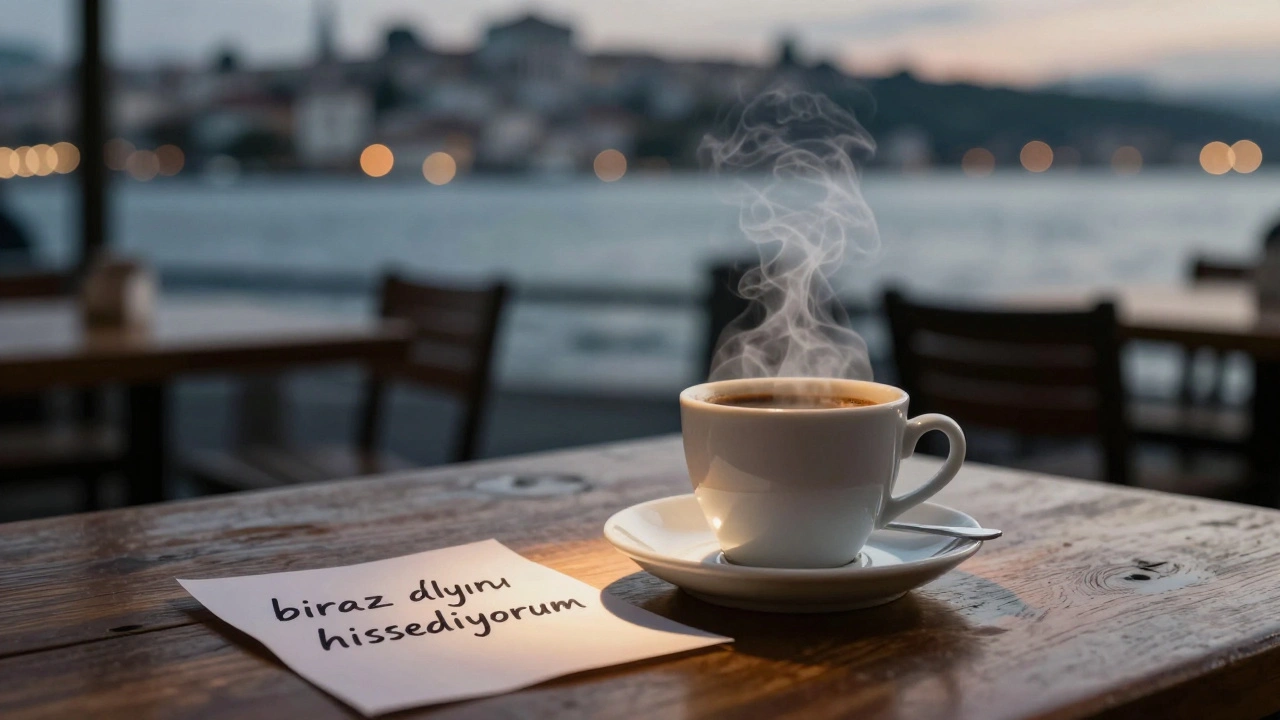 Ortaköy kafesinde bir fincan kahve, buharı insan silueti şeklinde, el yazısı bir notla birlikte.