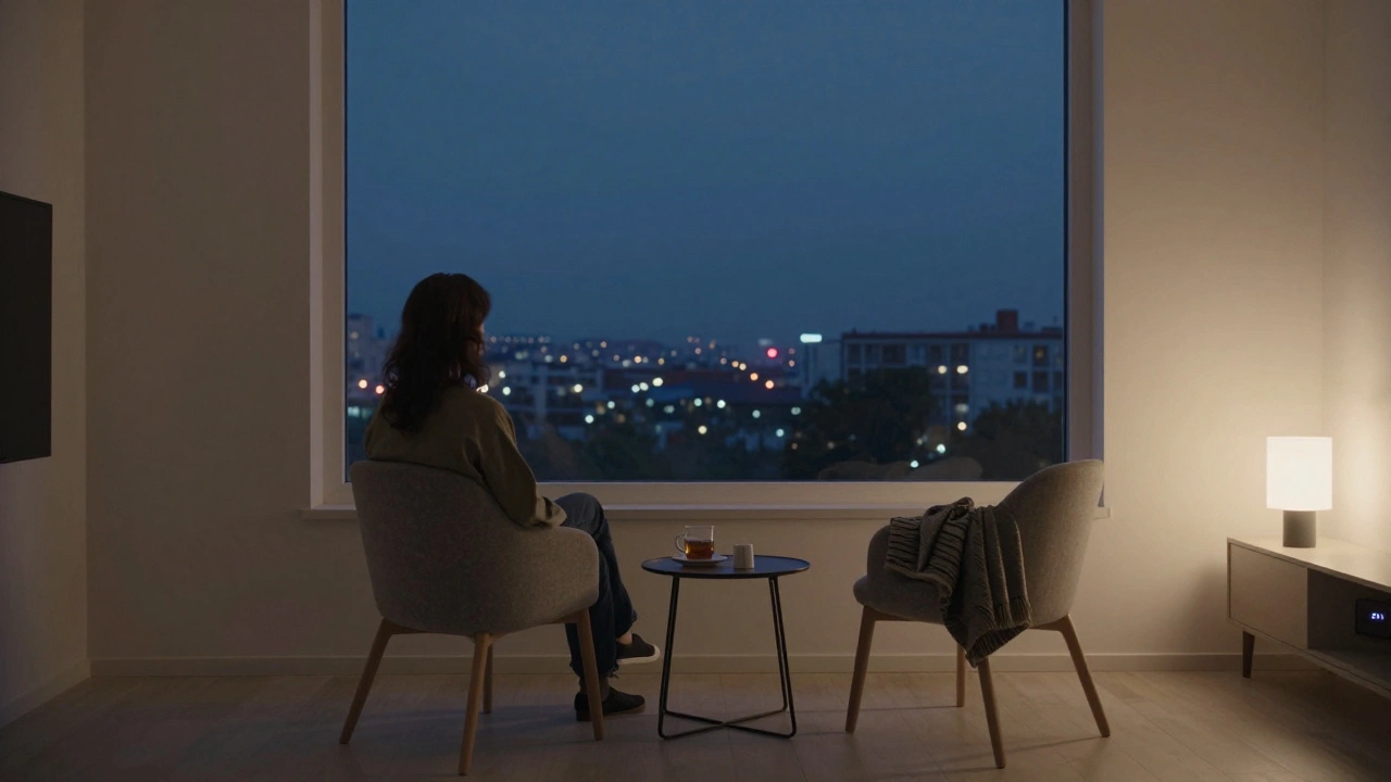 Sancaktepe'de bir odada, şehir ışıklarına bakarken yalnız görünse de, eşlik eden birinin varlığını hissettiren bir sahne.