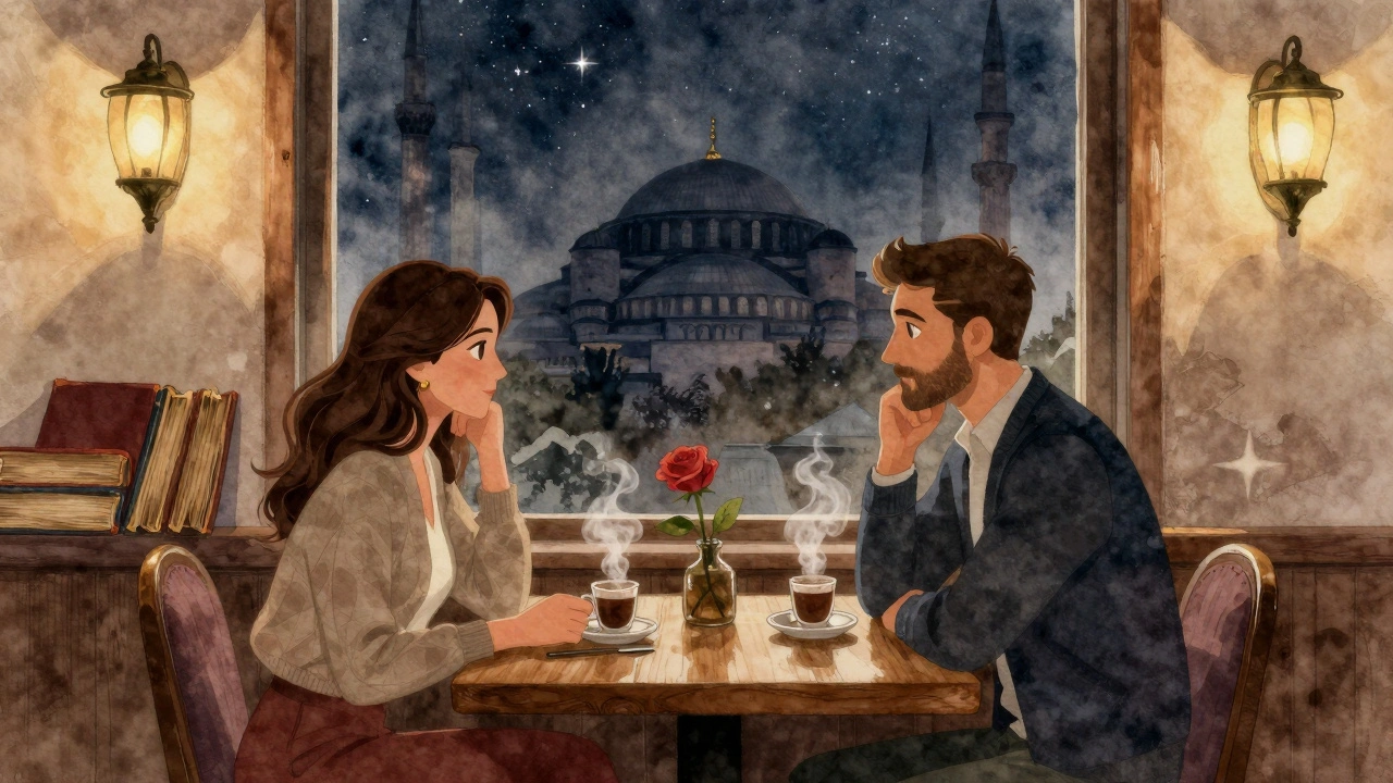 Topkapı&#039;da bir kafede, iki kişi kahve içerek sessiz bir sohbet sürüyor, arka planda Osmanlı sarayı görülüyor.