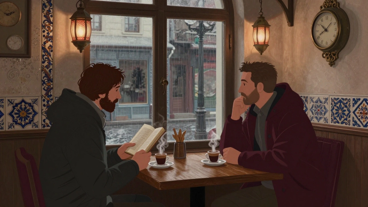 Topkapı'da bir kafede sessizce kahve içen iki kişi, arka planda Osmanlı detayları.