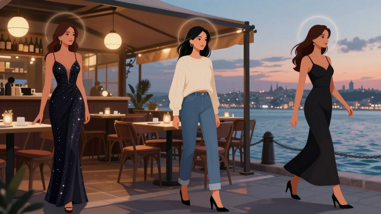 Üç farklı tarzda İstanbul escort kadını: şık restoranda, kıyı kafesinde ve Boğaz kıyısında yürüyüşte.