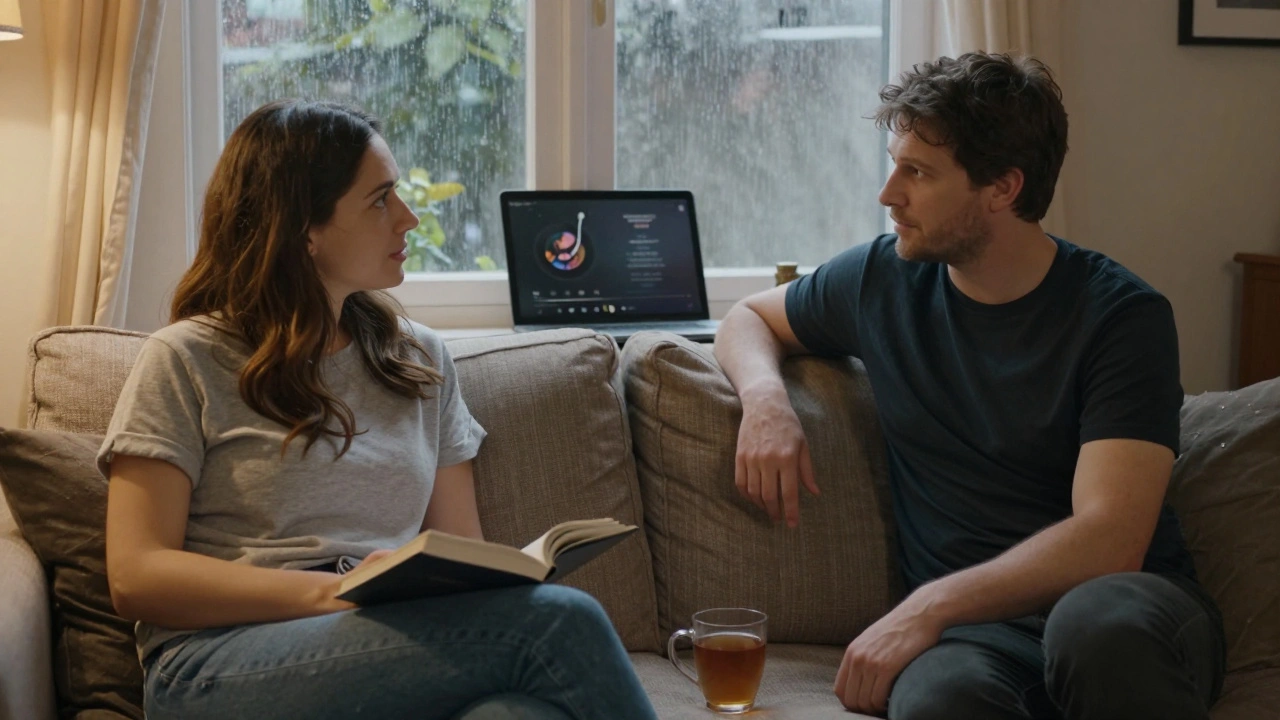 Yumuşak ışıkta bir oturma odasında sakin bir sohbet anı.